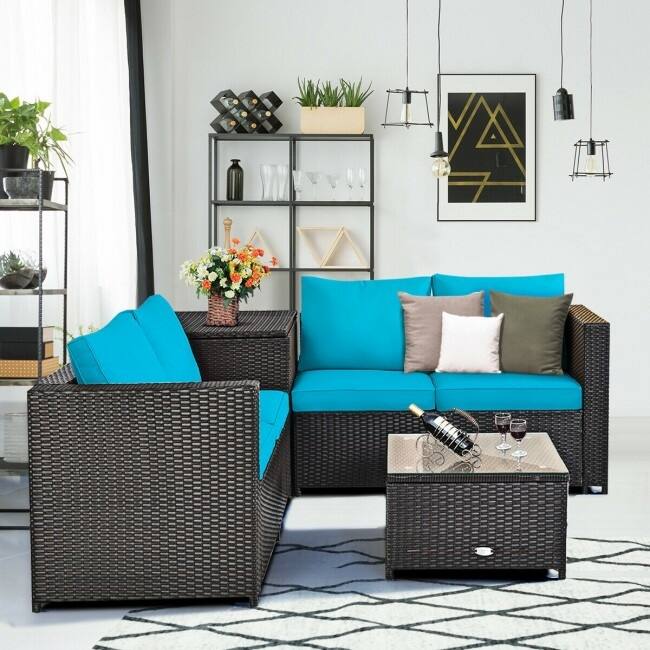 4 Pieces Outdoor Patio Rattan Furniture Set with Cushioned Loveseat and Storage Box - 47.5" x 26" x 26" (L x W x H)