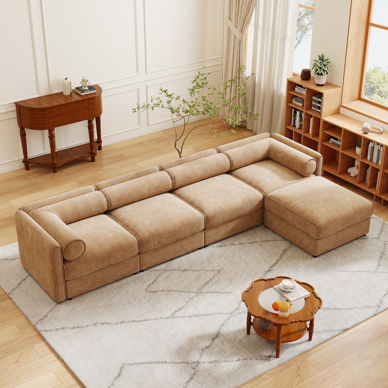 142.5" Chenille L-Shaped Sectional Sofa with Storage & Round Back - Camel