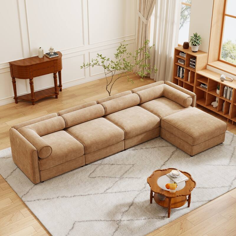 L-Shaped Upholstered Sofa with Storage Seat, 142.5" Chenille Sofa with Round Arms, Modern Sectional Couch for Living Room - Camel