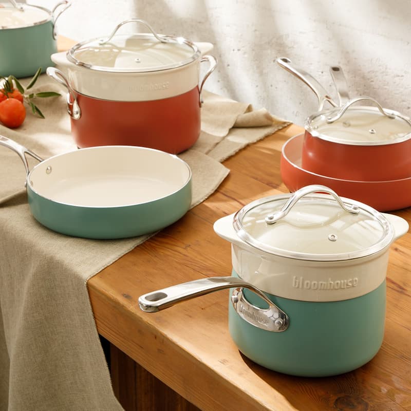 Bloomhouse 4-Piece Aluminum Cookware Set w/ Non-Stick Non-Toxic Ceramic Interior and Ceramic Steamer Insert