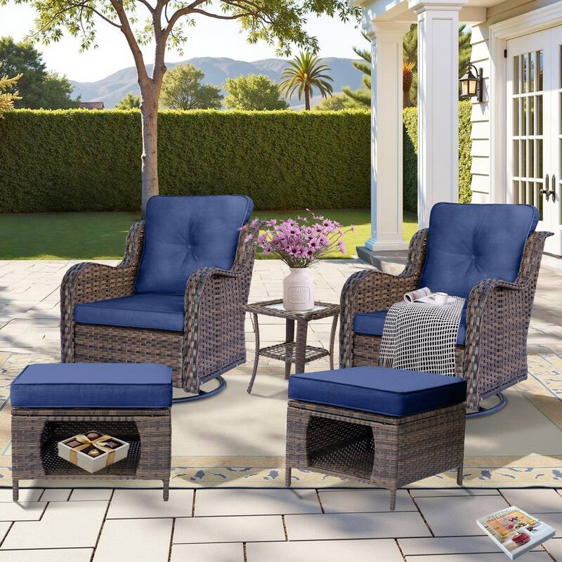 5 Piece Outdoor Wicker Patio Furniture Swivel Chair with Ottoman Set