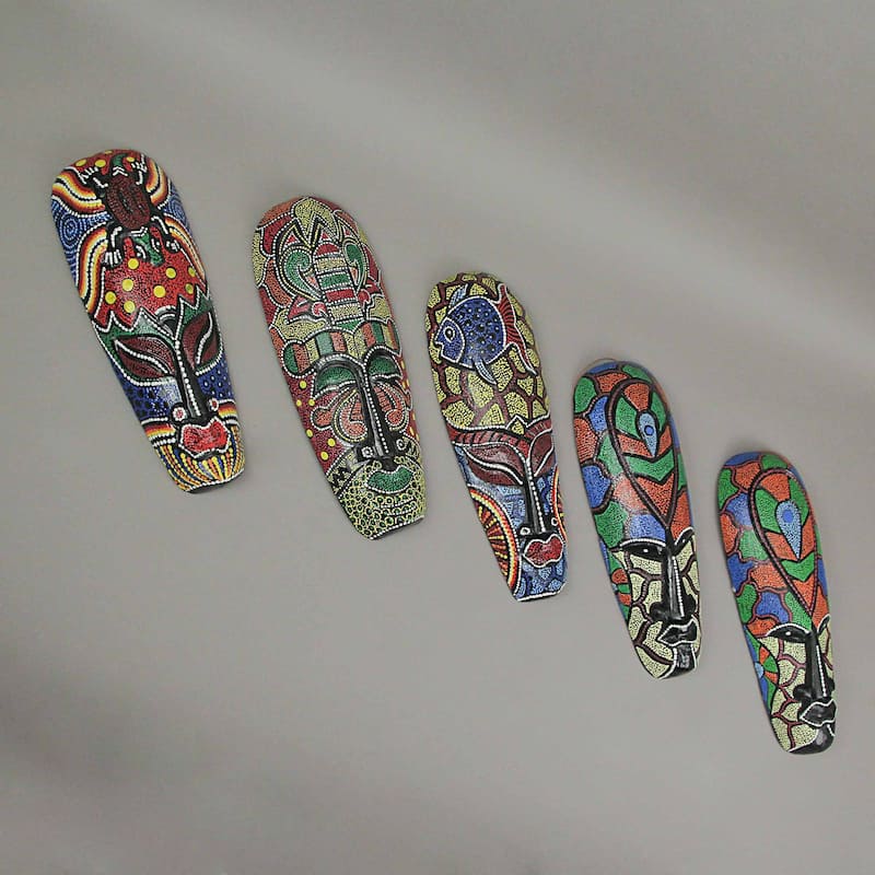 Zeckos 12 Inch Tropical Dot Painted Tribal Wood Wall Masks (Set Of 10)