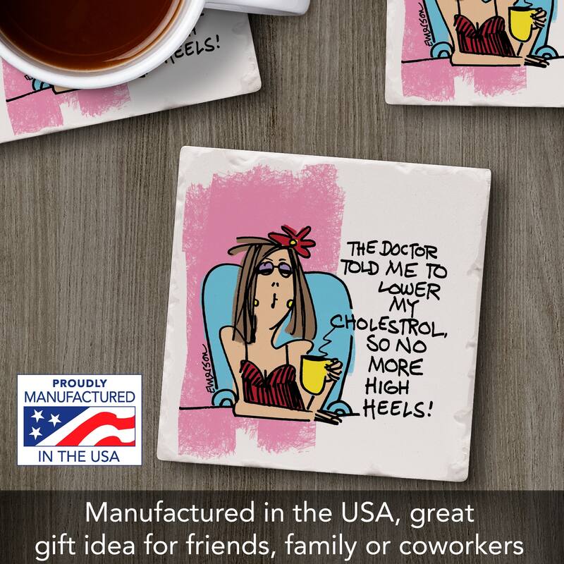 High Heels 4 Pack Absorbent Stone Coasters with Cork Backing 4" Square Made in The USA Absorbent Wipes Clean