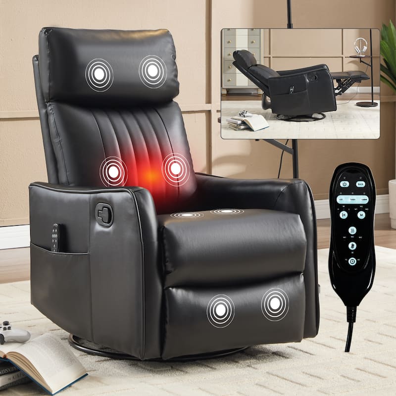 Manual Recliner Chair with Massage Heat Rocker and Swivel Feature - Black PU