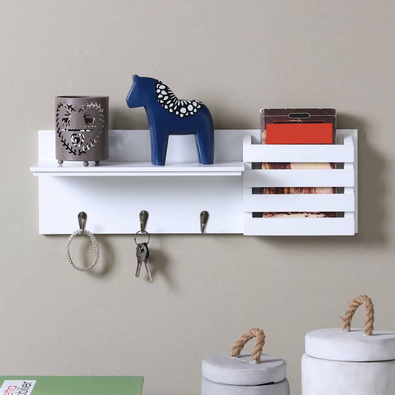 Danya B. Utility Entryway Shelf with Pocket and Hanging Hooks - White
