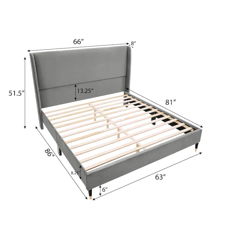 Gray Queen Size Modern Platform Bed with Velvet Wingback Headboard