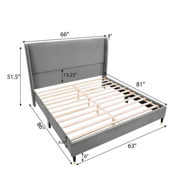 Modern Style Platform Bed with Wingback Design Velvet Headboard for Bedroom