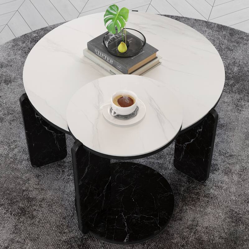 Round Nesting Coffee Table Set of 2, Sintered Stone Top Nesting Tables with Metal Frame, Modern Accent Side Table Set