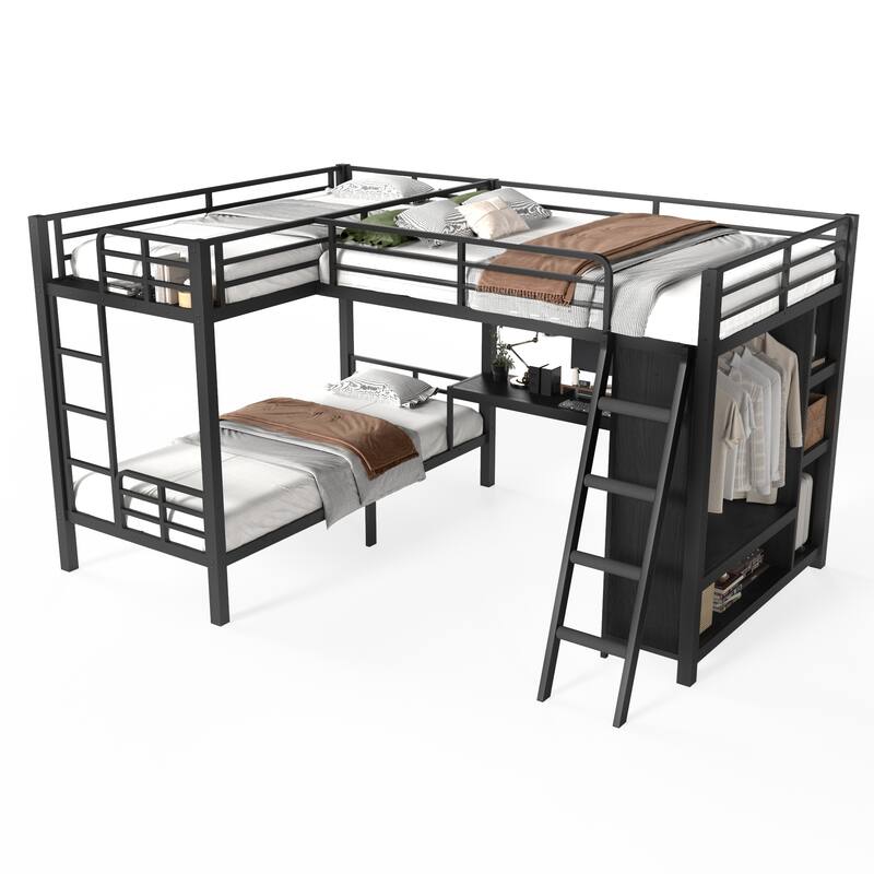 L-shaped Triple Bunk Bed with Desk and Wardrobe, Twin XL over Twin XL Bunk Bed with an Attached Full Loft Bed