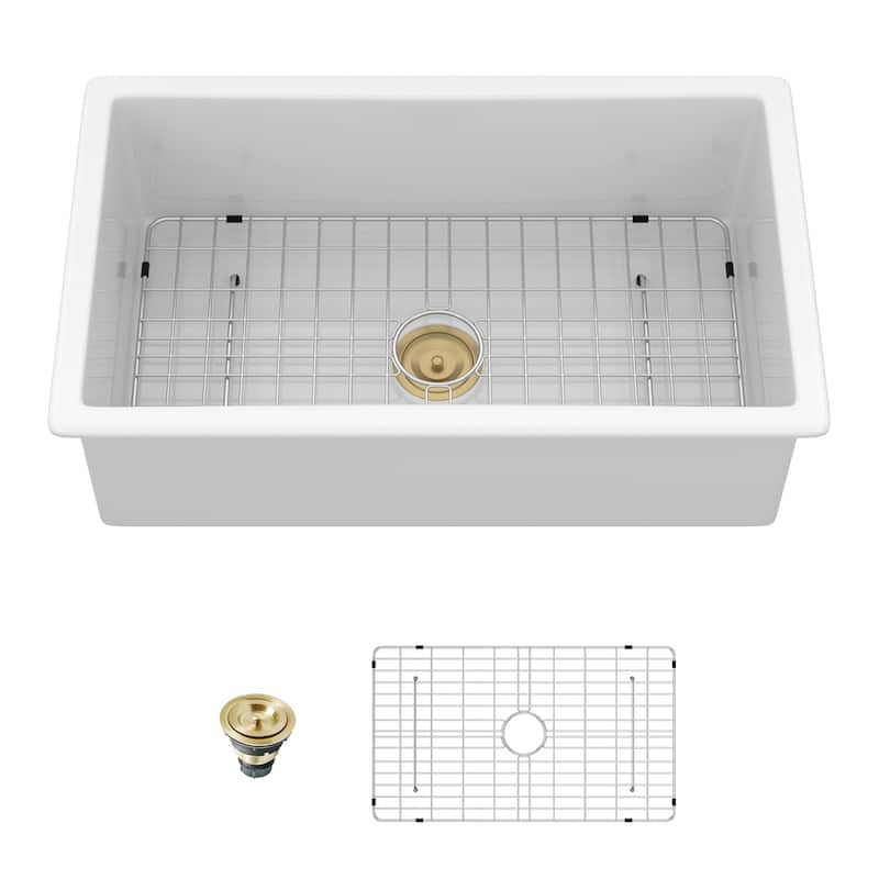 32x19x10 Undermount Single Bowl Fireclay Kitchen Sink Dual Mount White Porcelain Rectangular Deep Single Bowl Sink Basin