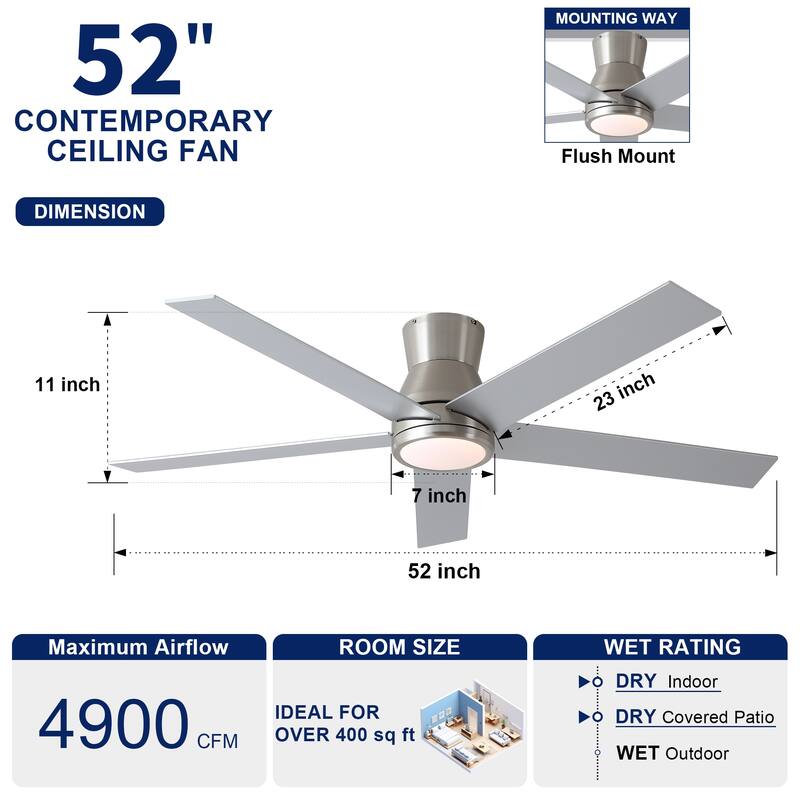 YUHAO AeroLite 48 in. Indoor White Low Profile Standard Ceiling Fan with Bright White Integrated LED Light Kit, Remote Included