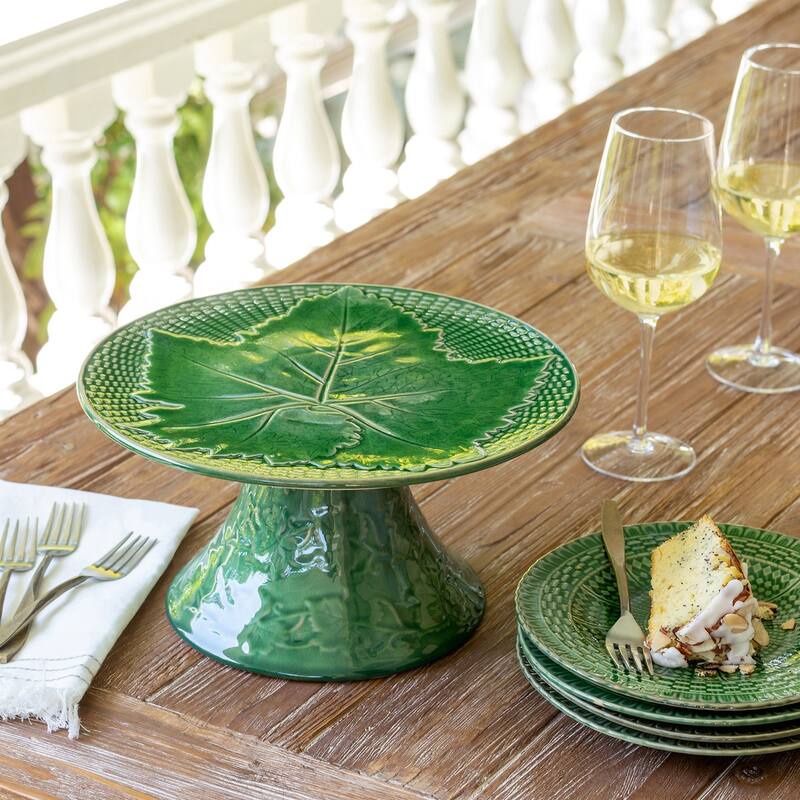 Green Ceramic Cake Stand with Ornate Grape Leaf Design and Woven Basket Pattern