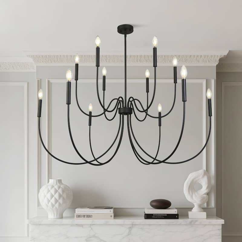 Modern Farmhouse 12-Light 2-Tier Chandelier 47.2 Wide Metal Wheel Ceiling Light - D 47.2" x H 27.6"