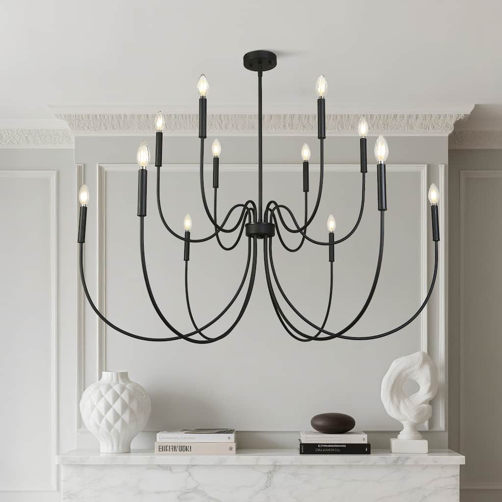 Modern Farmhouse 12-Light Large Black Chandelier Wheel Candle Light for Living Room Foyer - D 47.2" x H 27.6"