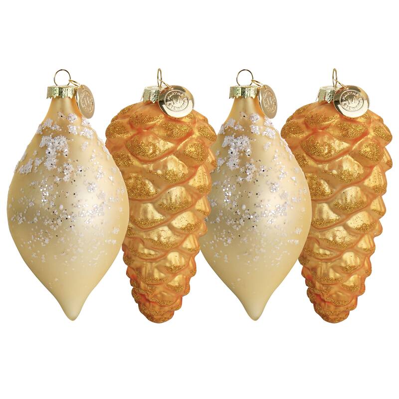 Christmas Cheer Pointed Ball and Pinecone 4 Piece Tree Ornament Set in Gold