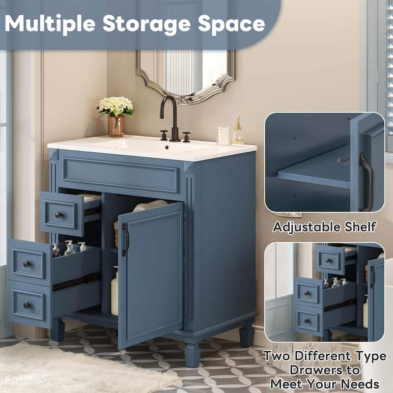 30" Bathroom Vanity with Ceramic Sink, Bathroom Storage Cabinet with 2 Drawers and Adjustable Shelf