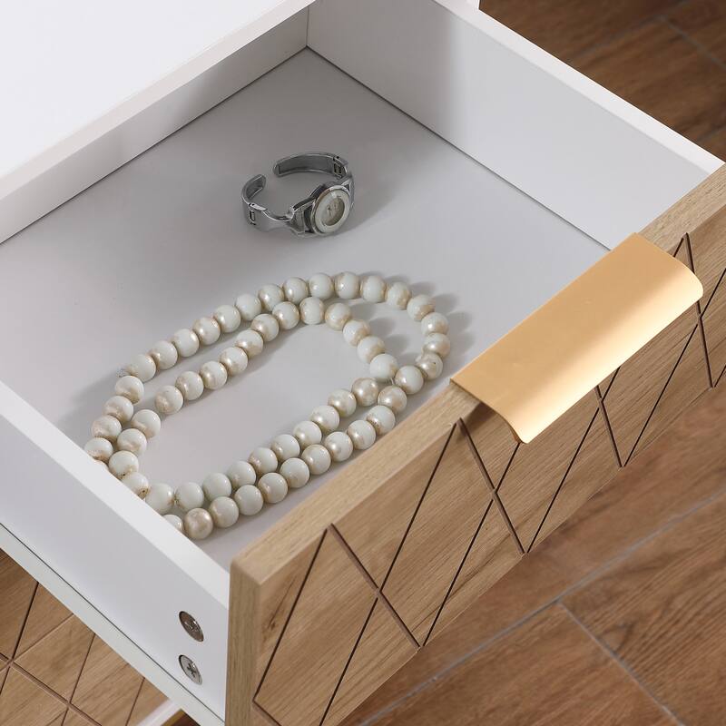 Mid-Century Modern Nightstand with 3 Drawers, Gold Metal Accents, White and Natural Finish