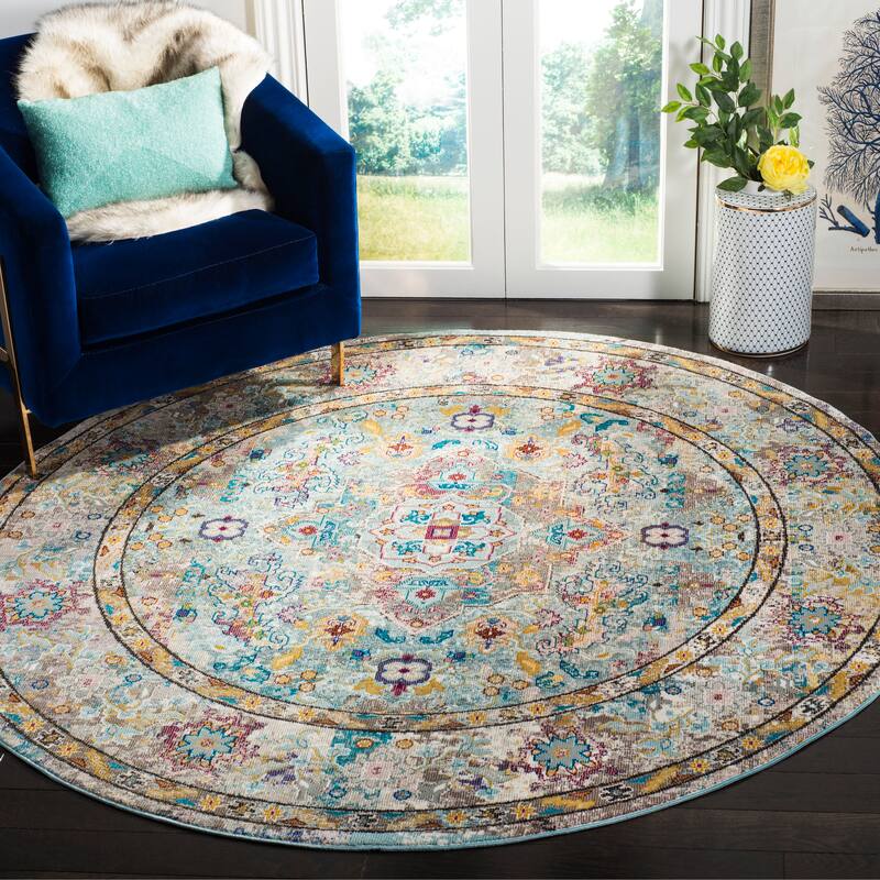 SAFAVIEH Aria Anet Vintage Boho Oriental Rug - 6'5" Round - Beige/Blue