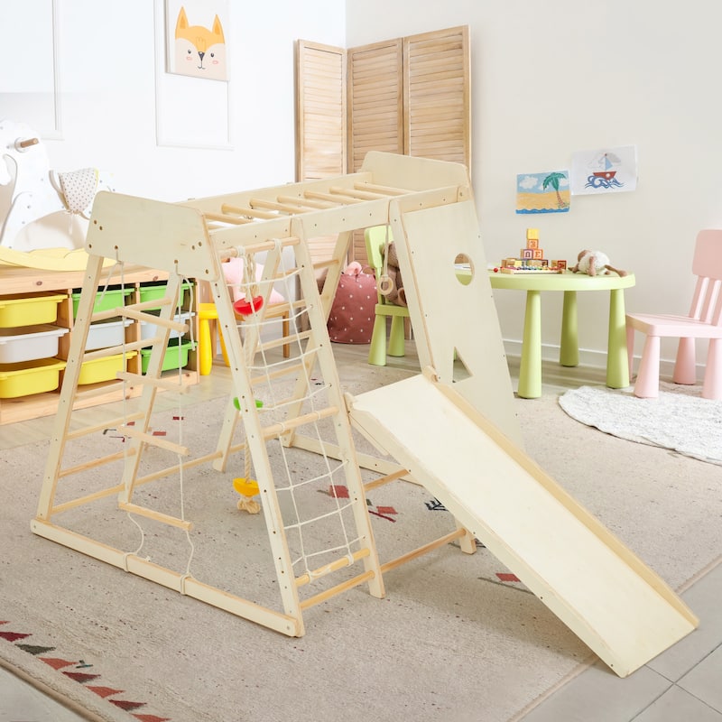 EROMMY 8-in-1 Wooden Climbing Gym for Kids - Indoor Playground Set with Slide, Monkey Bars, Climbing Wall, Wood & Rope Ladder