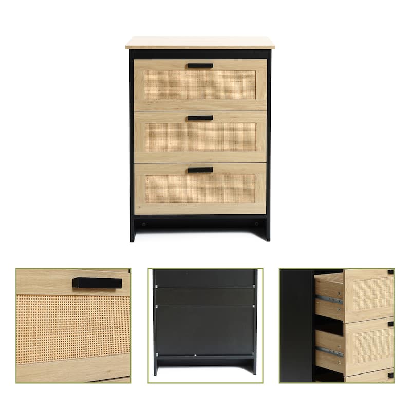 Black and Brown Wood 3-Drawer Rattan Chest