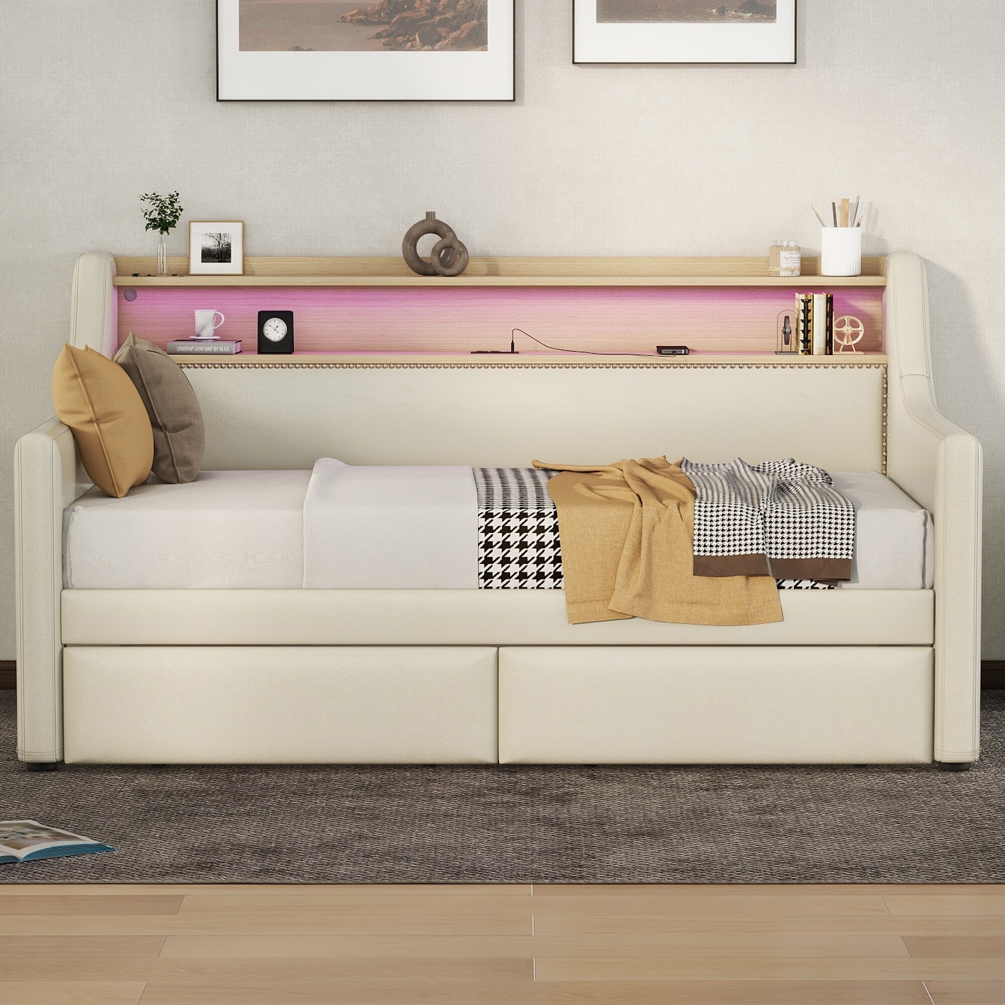 Twin Size Daybed with Drawers, Upholstered Daybed with Charging Station and LED Lights