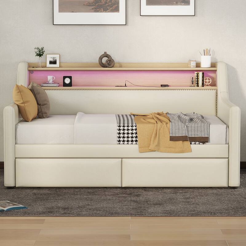Twin Size Daybed with Storage Drawers, LED Lights, Charging Station, and Upholstered Design - Beige - Twin