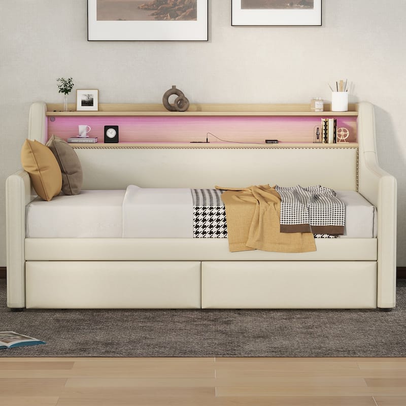 Twin Size Upholstered Daybed with Storage Drawers, Charging Station & LED Lights in Beige - Beige