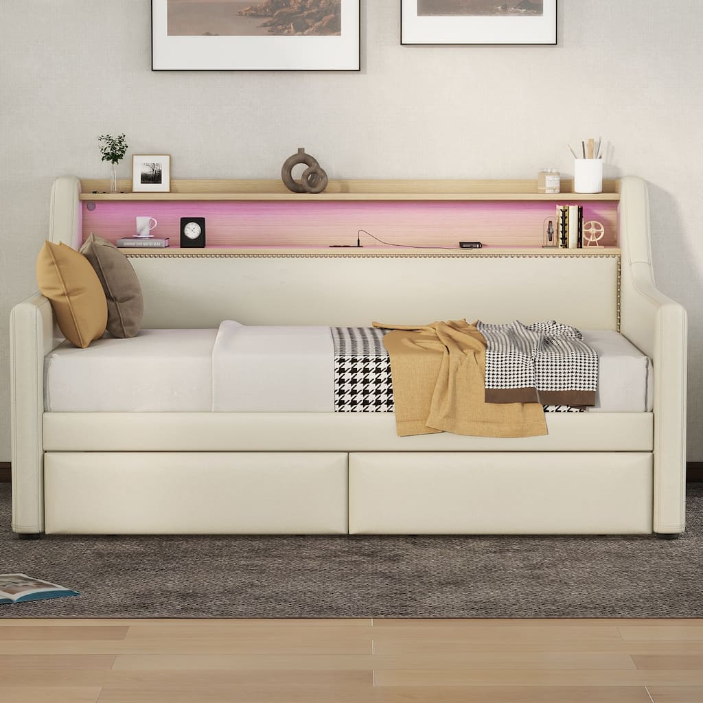Twin Size Upholstered Daybed with Storage Drawers, Charging Station & LED Lights in Beige