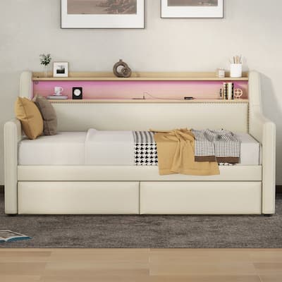 Twin Size Upholstered Daybed with Storage Drawers,Charging Station and LED Lights