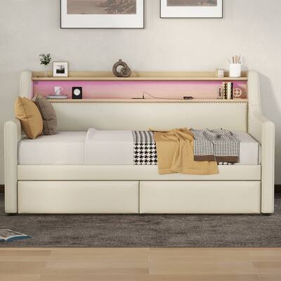 Upholstered Twin Size Daybed with Storage Drawers and LED Lights