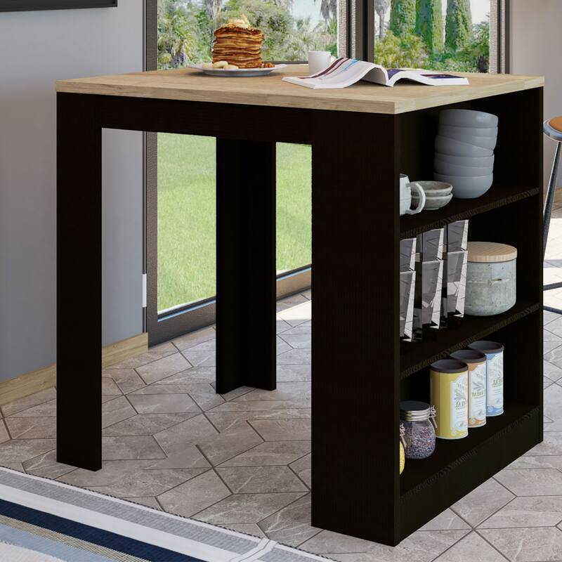Black/Pine Kitchen Island Table with Open Shelves - 36" x 36" Countertop, Elegant Design - Multicolor