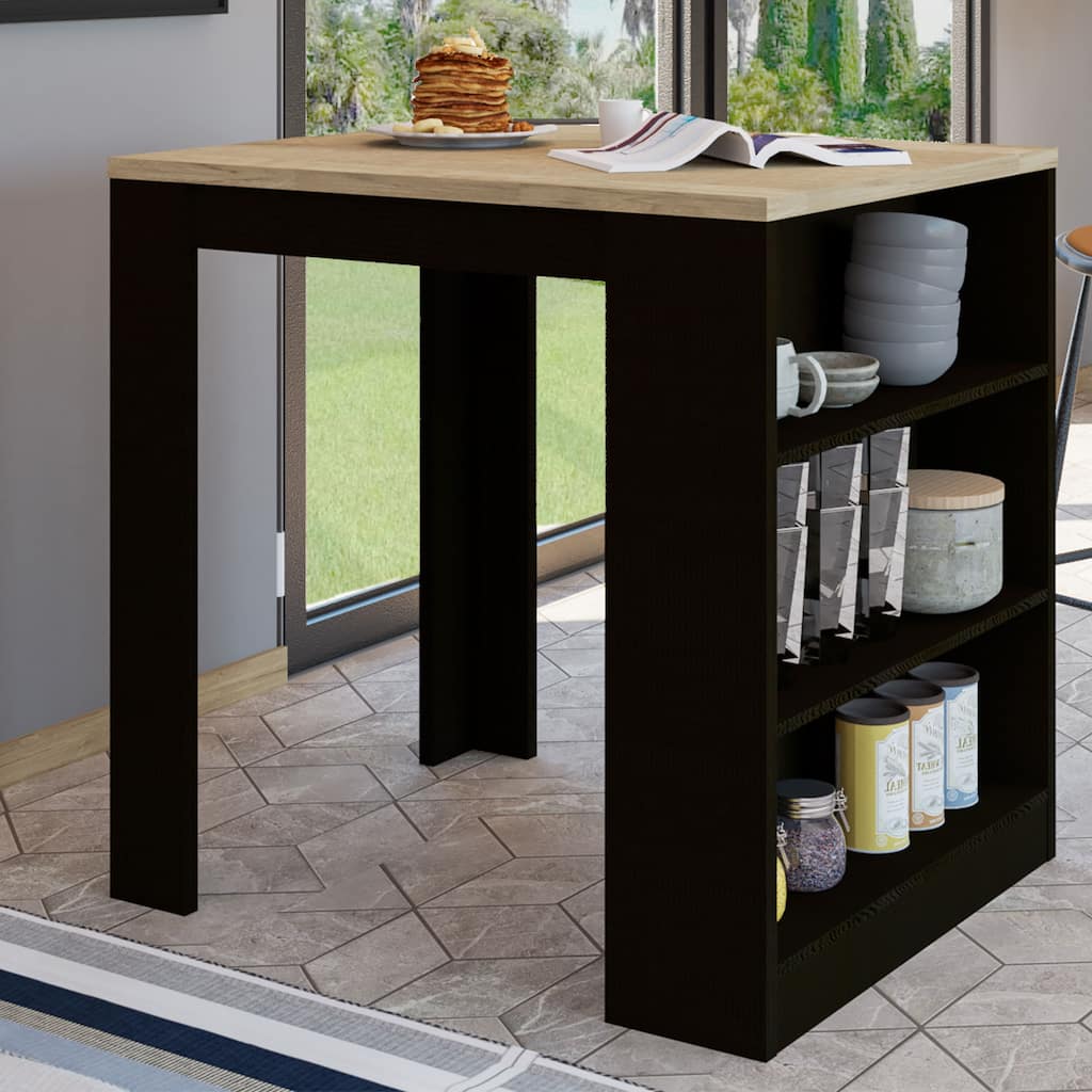 Black/Pine Kitchen Island Table with Open Shelves - 36" x 36" Countertop, Elegant Design