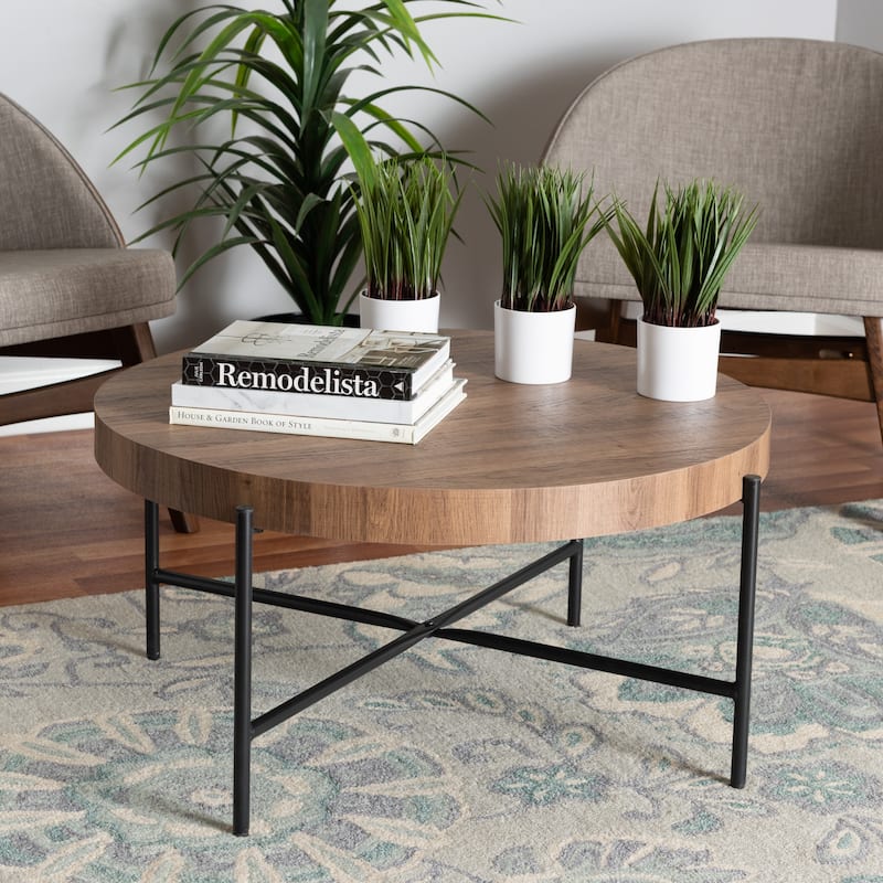 Umar Modern Industrial Walnut Brown Finished Wood and Black Metal Coffee Table
