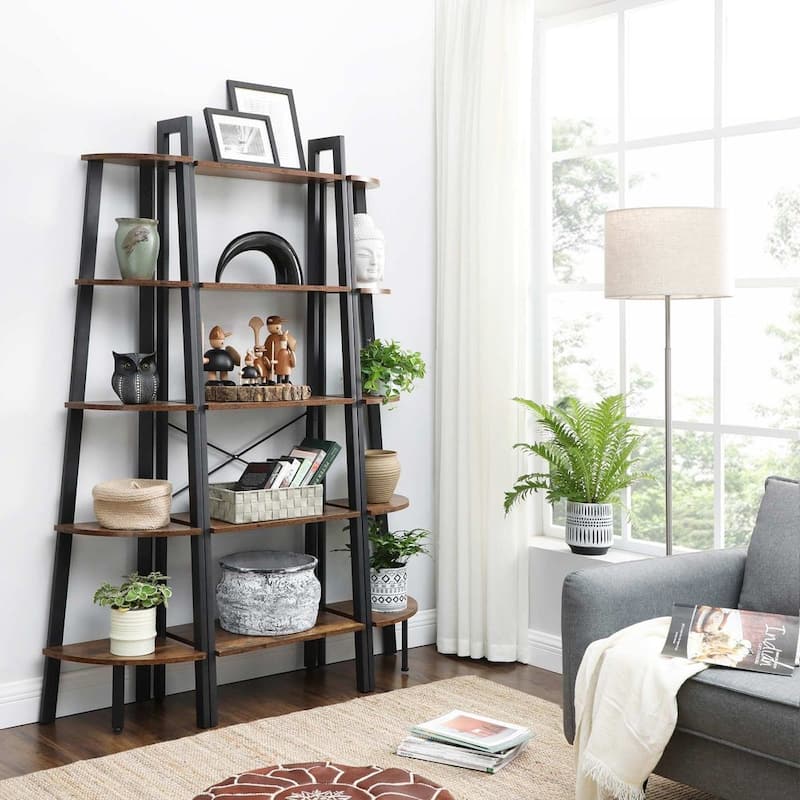 Black Metal 5-Tier Ladder Shelf with Steel Frame and Industrial Rustic Wood Shelves