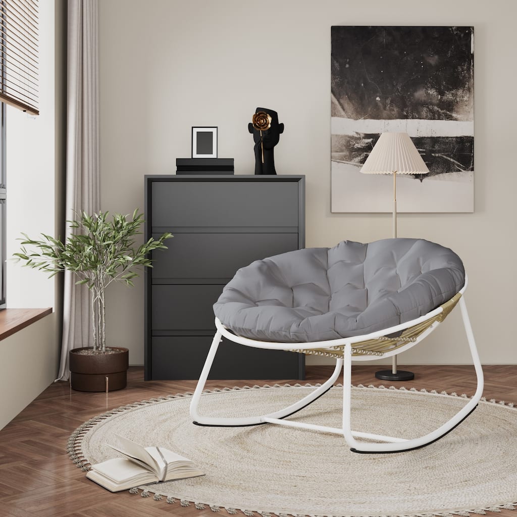 Outdoor Padded Cushion Rocking Chair, Oversized Metal Frame Egg Chair