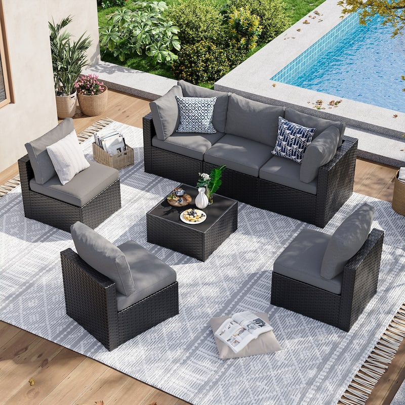 Wicker Rattan Patio Sectional Sofa Set - 7 PCS - Grey