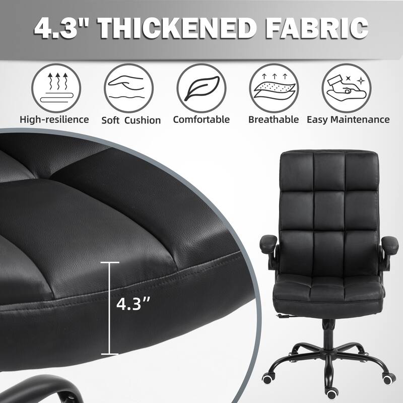EROMMY Mid-Century Modern Leather Office Chair with Wheels, Ergonomic Rolling Desk Chair, Flip-Up Arms.