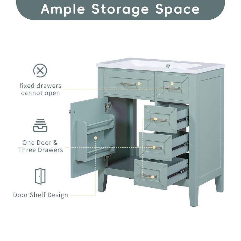 30" Solid Bathroom Vanity with Sink Set, Bathroom Cabinet with Drawers