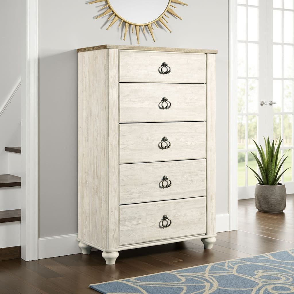 Isla Tall Dresser Chest, 5 Drawer, Brown Wood Finish, Rustic Whitewash
