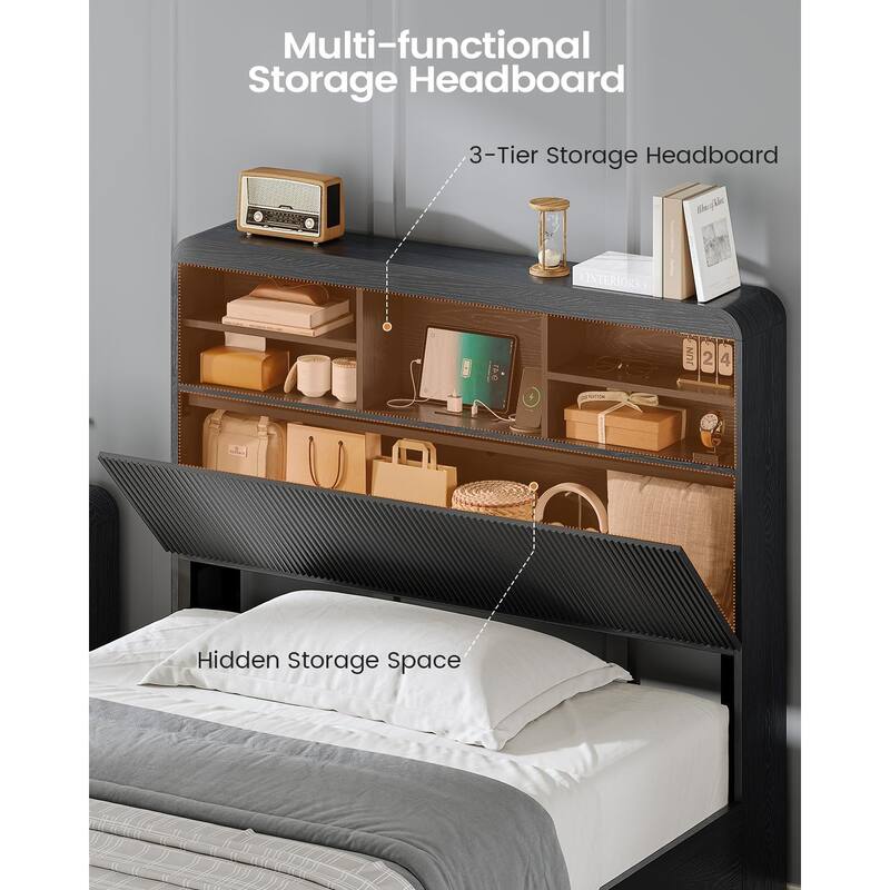 Bed Frame with 4 Storage Drawers and Hidden Storage Headboard Charging Station