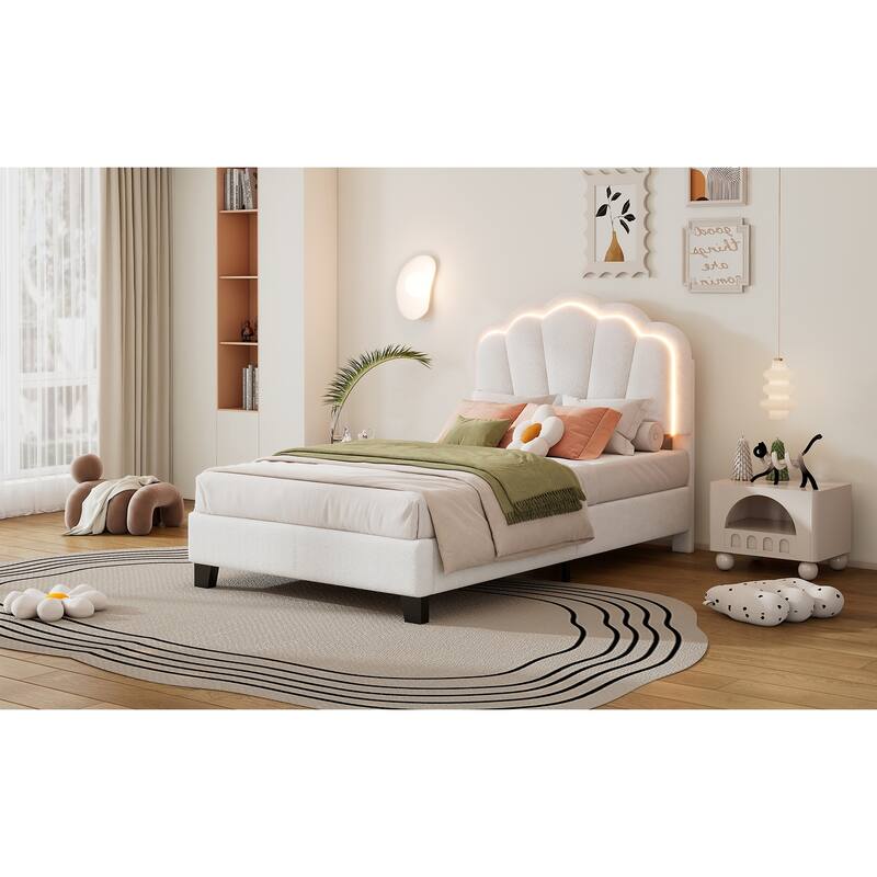 Sherpa Fabric Upholstered Platform Bed with Elegant Flowers Headboard and Wooden Slats Support