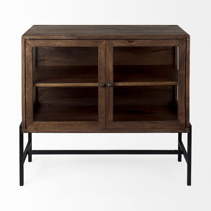 Arelius Light Brown Solid Wood w/ Black Iron Frame & 2 Glass Doors Accent Cabinet - 36.0L x 18.0W x 32.0H