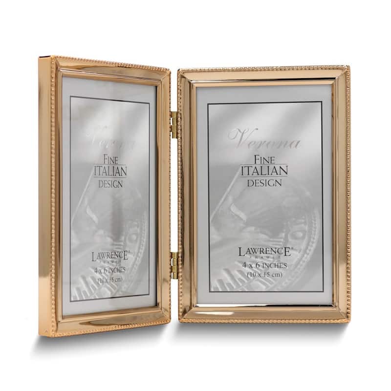 Curata Gold-Tone Portrait Hinged Polished Beaded 4x6 Double Photo Frame