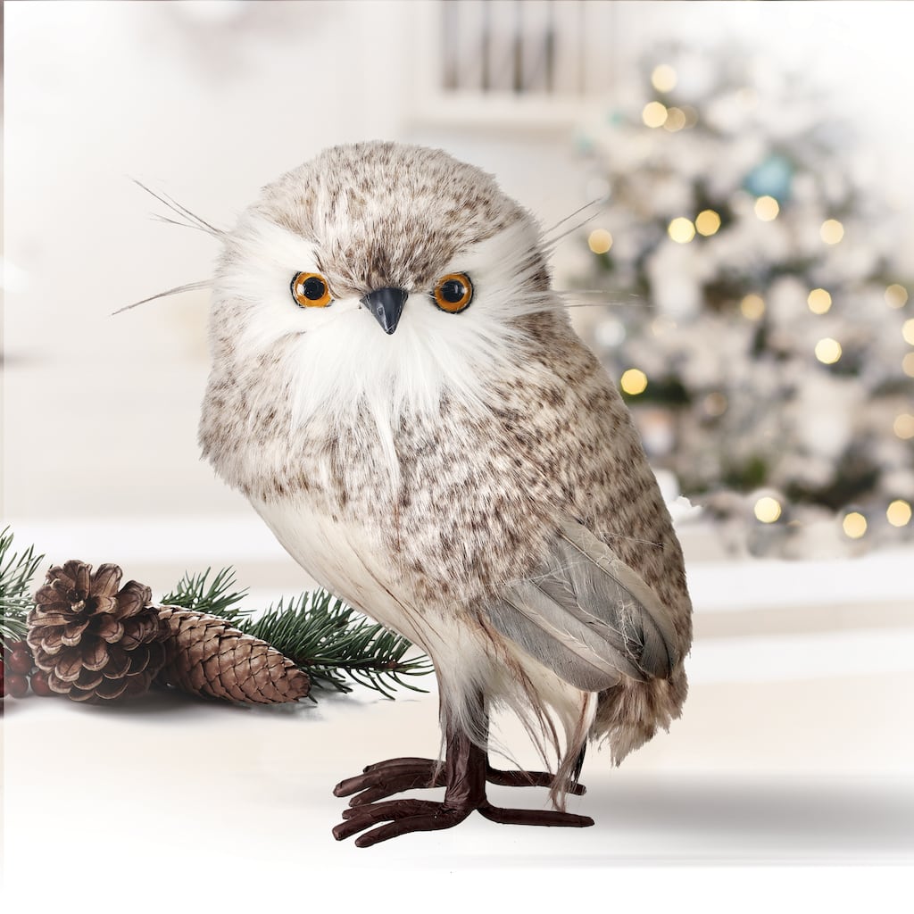9" Grey Furry Standing Owl