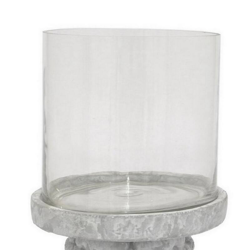Kris Candle Holder, Hurricane Glass Top, White Gray Ceramic 14 Inch - White, Gray, Clear