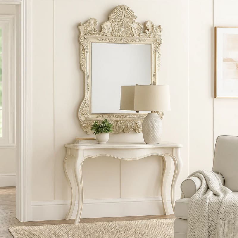 61 Inch Wall Mirror, Oversized Floral Carving, Champagne Silver