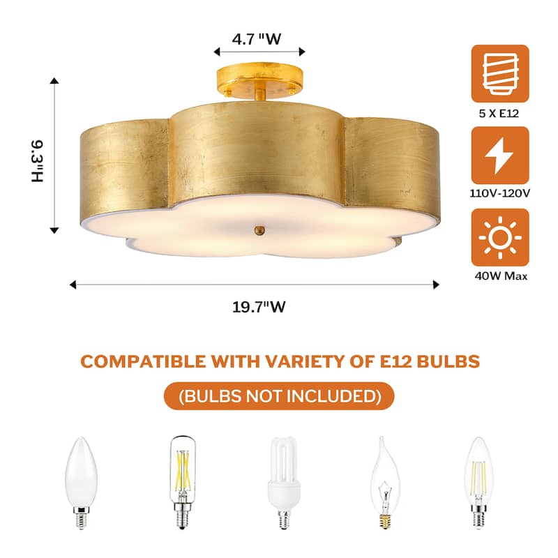 Vintage Distressed Gold 3-Light Flower Semi-Flush Mount Ceiling Light - 19.7-inch W x 9.3-inch H