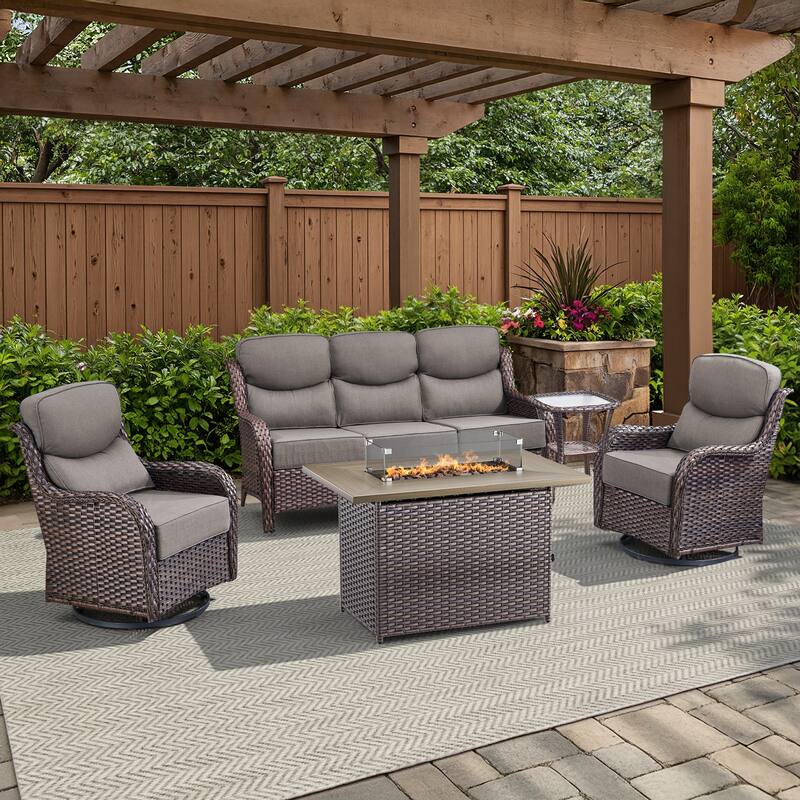 Meyreso 7-Piece Wicker Outdoor Patio Fire Pit Conversation Set with 6-Inch Thick Cushions