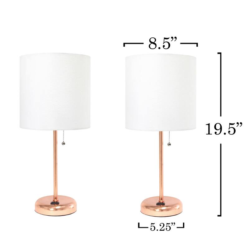 Stick Table Lamps with Drum Shade - 19.5" - Rose Gold and White - Set of 2