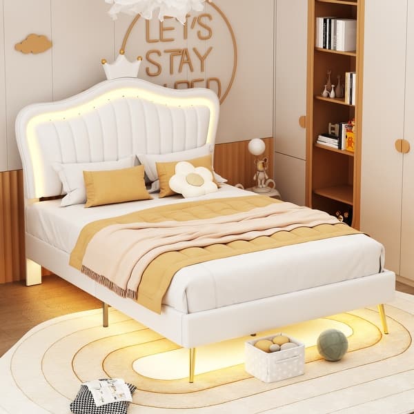 slide 2 of 34, Remote Control LED Lights Bed Frame, PU Upholstered Princess Bed with Crown Headboard, Wood Slat Platform Bed White - Full